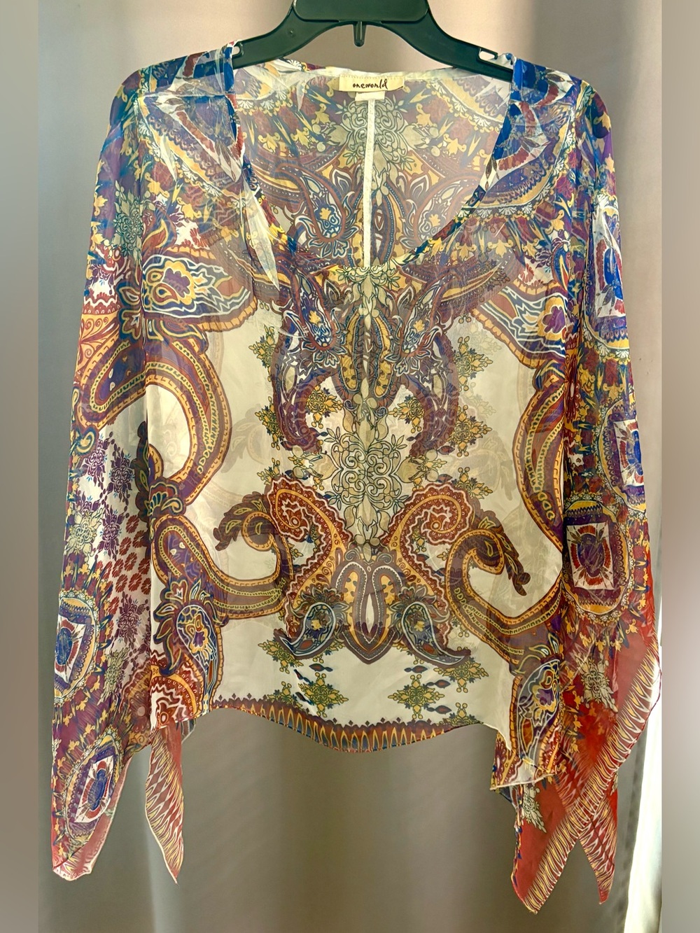 One World Paisley Medallion Sheer Chiffon Poncho Top Sharkbite Hem XL